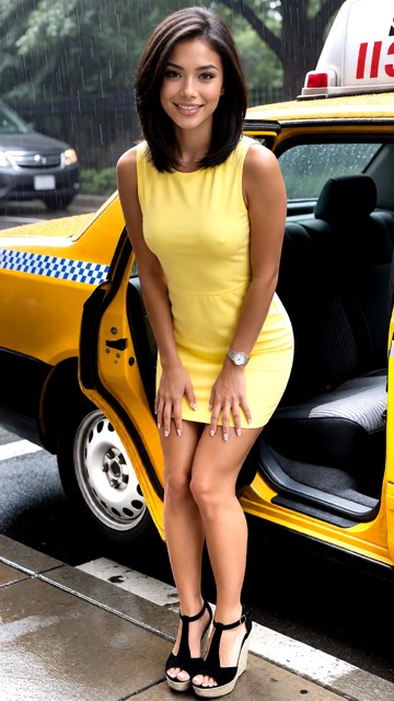 Location: Neighborhood. Position: Mayka stands next to taxi. Mayka wears sleeveless yellow dress, suede black wedge t…