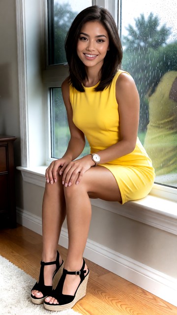 Location: Living room. Position: Mayka sits in window seal. Mayka wears sleeveless yellow dress, suede black wedge t-…