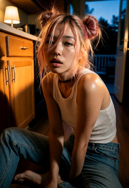 Location: evening inside a dimly lit kitchen with warm amber light from a small lamp casting long shadows across the …