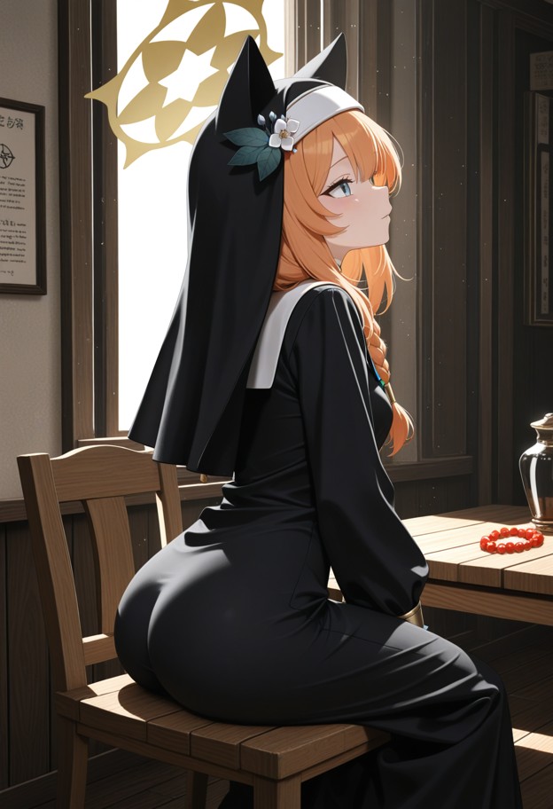 she is sitting on a wooden chair smoothing her habit,black and white nun habit,quiet room,wooden furniture,sunlight t…