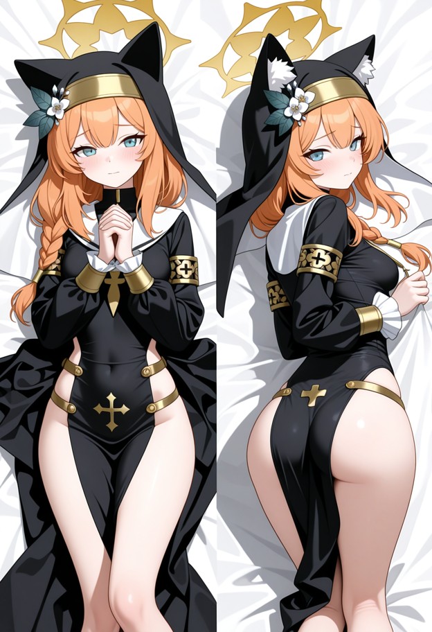 1girl,on knees,praying,shy,looking at viewer,dakimakura,black and white nun's outfit with a black scapular,golden har…
