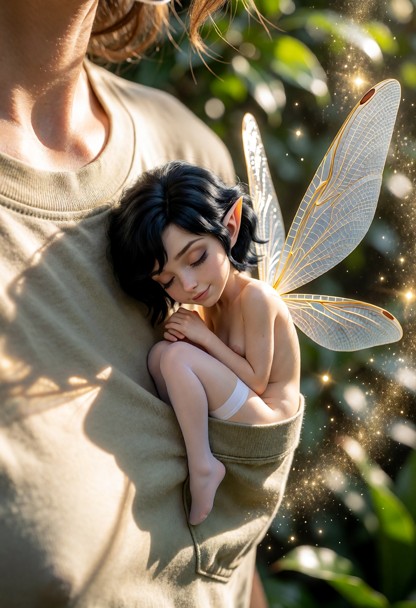 Location: a sunlit garden where warm afternoon light filters through lush greenery and shimmering golden fairy dust, …