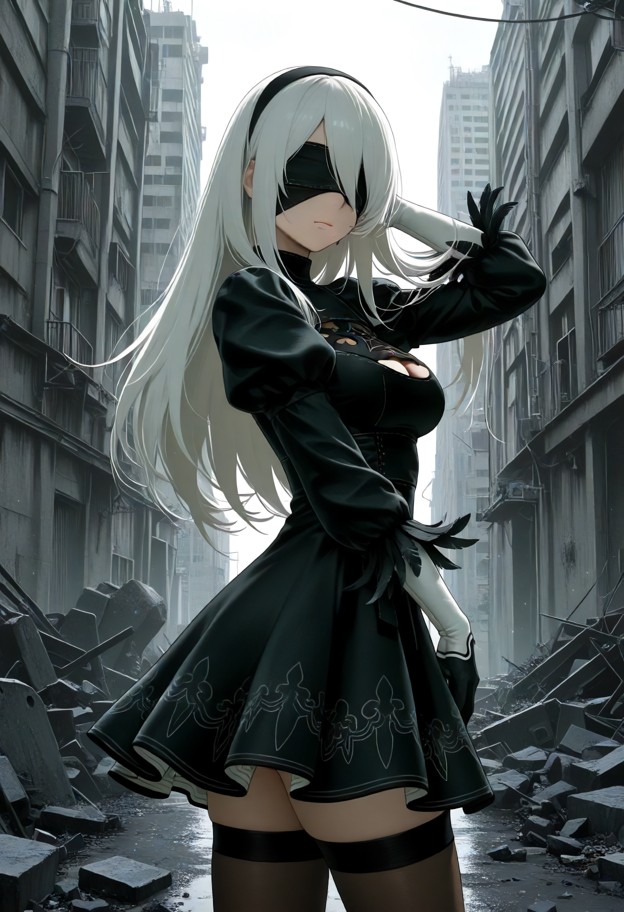she is standing still and brushing hair behind her ear (happy),black combat dress,black silk blindfold,desolate urban…