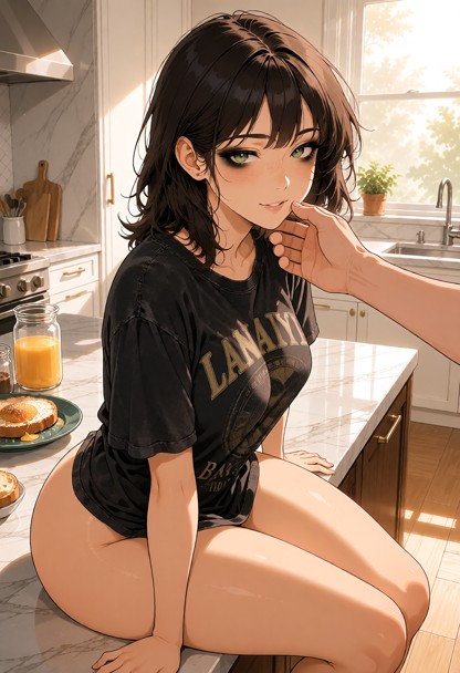 Location: bright kitchen in the morning with soft, hazy sunlight streaming through a nearby window, illuminating the …