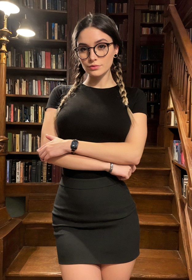 elara is standing at the base of the stairs with arms crossed,black silk blouse,long dark wool skirt,silver stud earr…