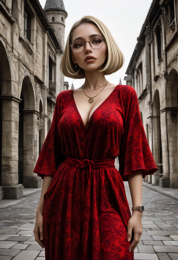 1girl(jaw-length bob:1.8,glasses:1.6),solo,posing,red jersey dress with red and yellow traditional pattern and stand-…