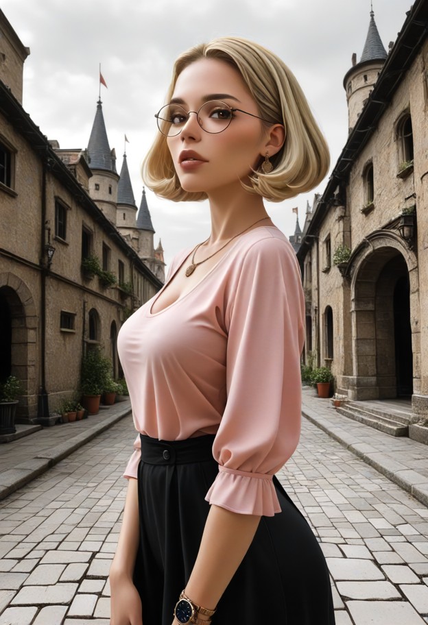 1girl(jaw-length bob:1.8,glasses:1.6),solo,posing,pink shirt with balloon sleeves,long black skirt,ballerinas,neckles…