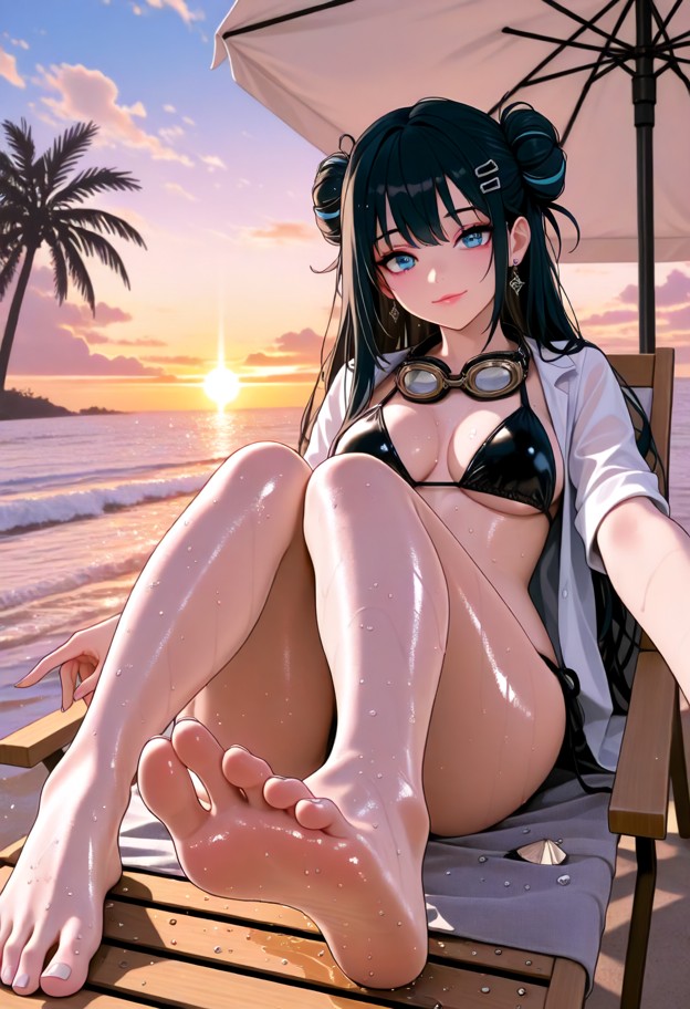 ultra-detailed anime illustration,male pov perspective from a reclining wooden beach lounge chair under a straw beach…