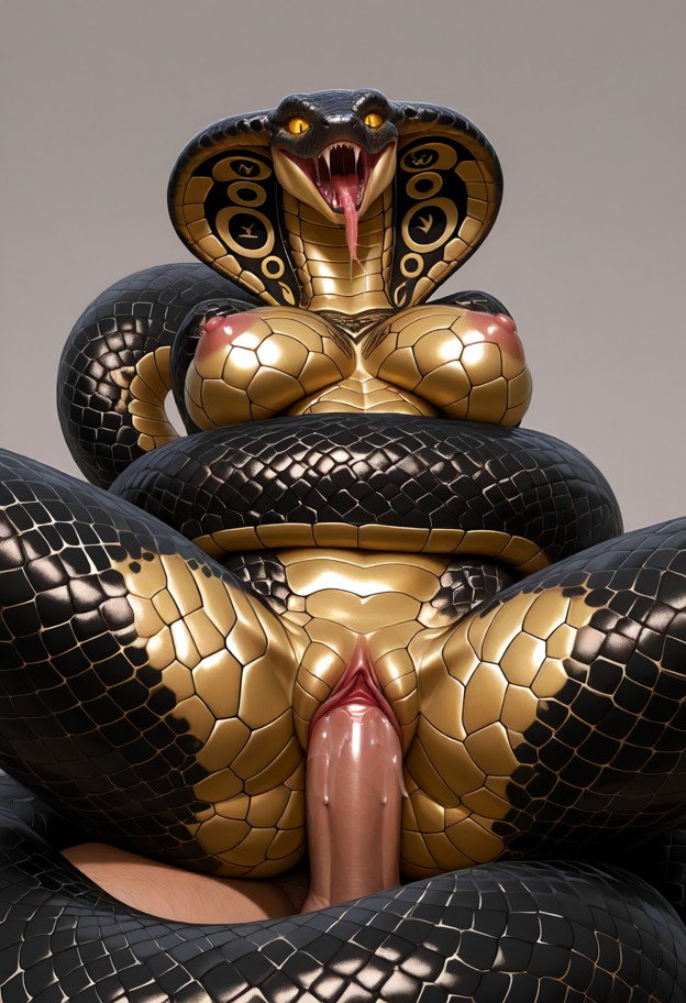 (snake body coiled around man:1.5),man suspended in air,vagina on snake body,penis in vagina,vagina dripping