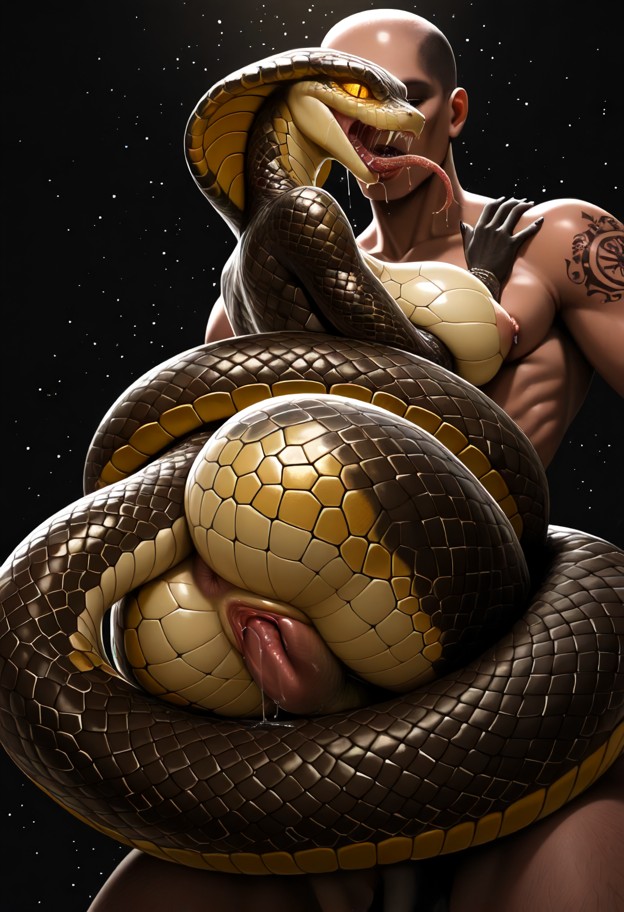 (snake body coiled around man:1.5),man suspended in air,vagina on snake body,penis in vagina,vagina dripping