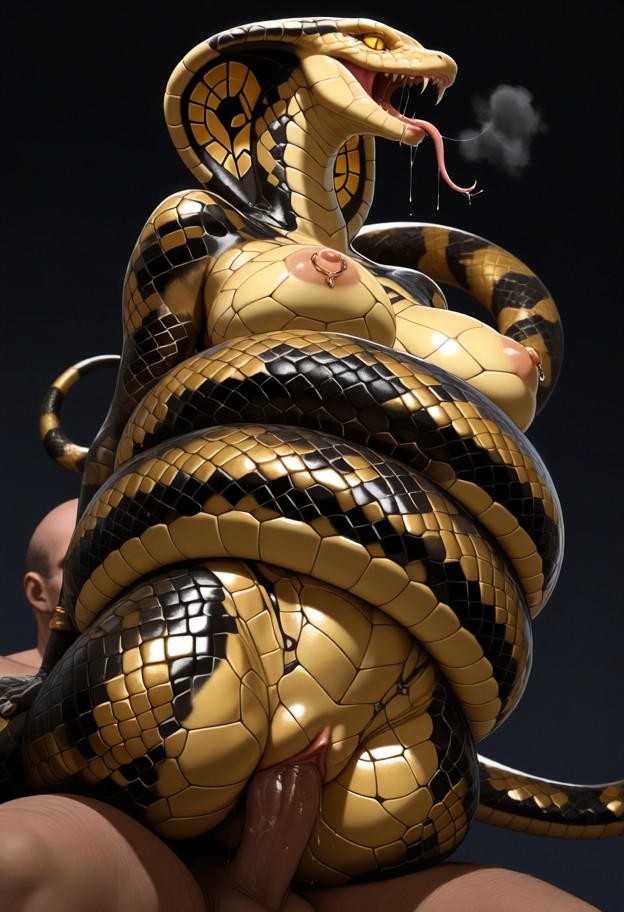 (snake body coiled around man:1.5),man suspended in air,vagina on snake body,penis in vagina,vagina dripping