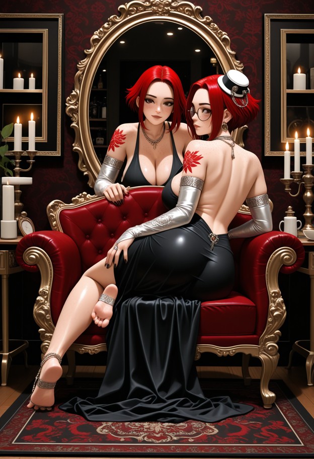 sitting in an armchair swinging her legs,small black dress,dim playroom,candles,massage tables,shelves with toys and …