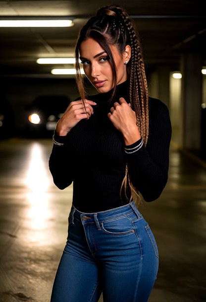 Location: dim parking garage with concrete pillars, harsh overhead fluorescent lights casting long shadows, and a sin…