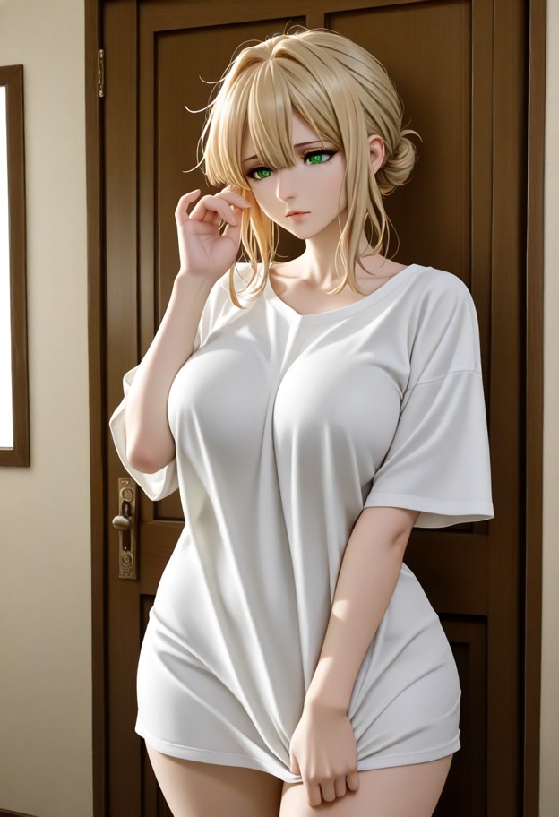 violet evergarden leans against the wall playing with her hair,oversized white t-shirt,bedroom,closed wooden door,med…