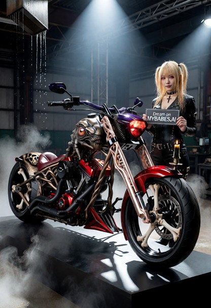 Scenario and Atmosphere: A wide cinematic shot inside a dark, industrial factory hall. A custom chopper motorcycle si…