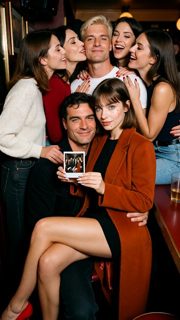 Summary: A tightly packed group of friends vamps and poses together inside a dim crowded bar at night, captured as a …