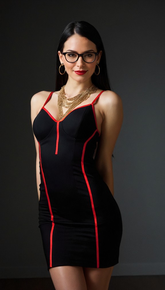selene in a sleek fitted black gown with subtle surgical-red piping,sharp minimalist jewelry,cold elegant smirk,drama…