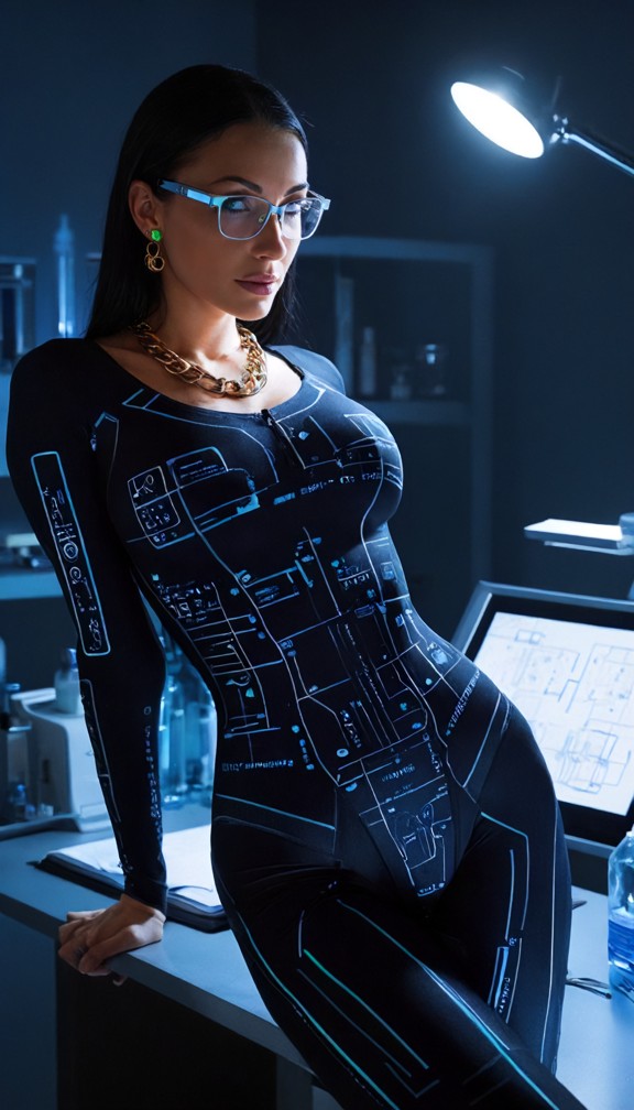 selene studying holographic medical schematics,fitted black-and-silver bodysuit,unsettling satisfied expression,cold …