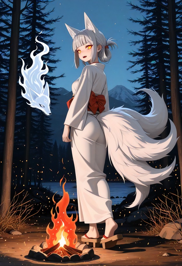 a she is stands with wide eyes and rigid nine tails looking at a water spirit,white kimono,crimson silk sash,wooden g…