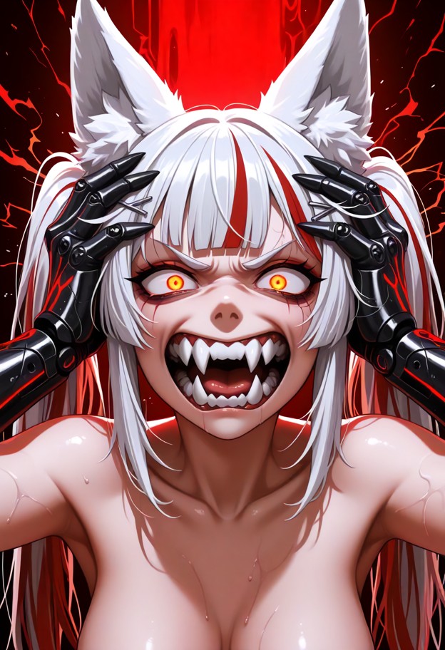 extreme close-up portrait of a furious female anime character with red hair,(unbridled psychotic rage:1.6),(viciousl…