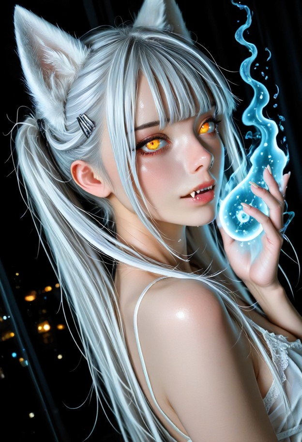 (1neko,wearing her white dress,holding one blue soul in her hands right in front of her body,she is looking at the so…
