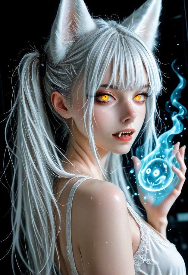(1neko,wearing her white dress,holding one blue soul in her hands right in front of her body,she is looking at the so…