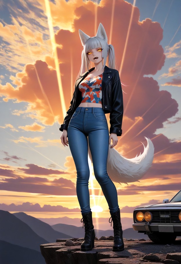 (wide full body shot:1.4),standing peacefully on edge of a high cliff,facing camera,(wearing tight blue jeans:1.4),re…