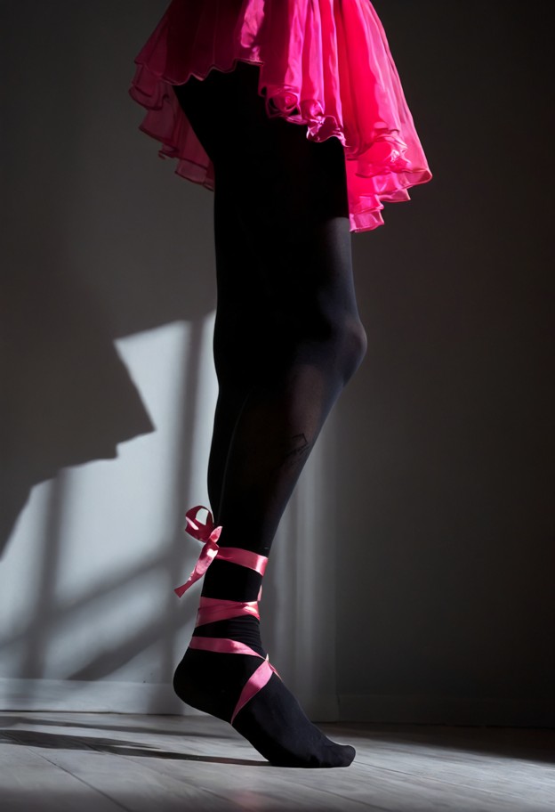 a low-angle,close-up shot of a ballerina standing "en pointe" on a dusty stage. the focus is entirely on the tremblin…