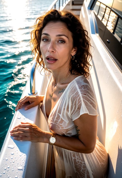 Location: secluded lower deck of the luxury yacht, tucked away from the main party, where the bright morning sun hits…