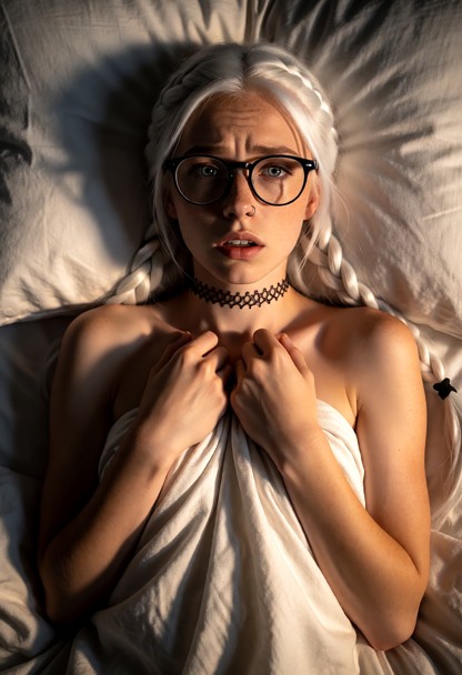 Location: late evening in a dim bedroom with white linen sheets and soft, warm ambient light that casts gentle shadow…