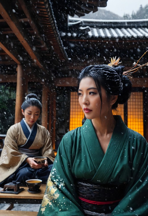 a cinematic wide two-shot inside a hidden,ancient japanese tea house. two people are facing each other:
 on the left,…