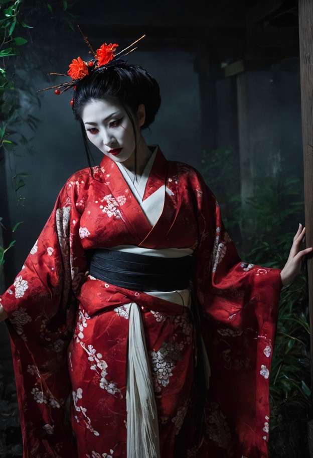 a haunting cinematic scene inspired by silent hill f. an ancient japanese temple courtyard,now choked with surreal re…