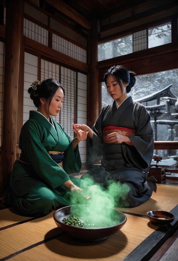a cinematic wide-angle shot of a profound encounter in a hidden japanese tea house. two distinct figures:
 on the lef…