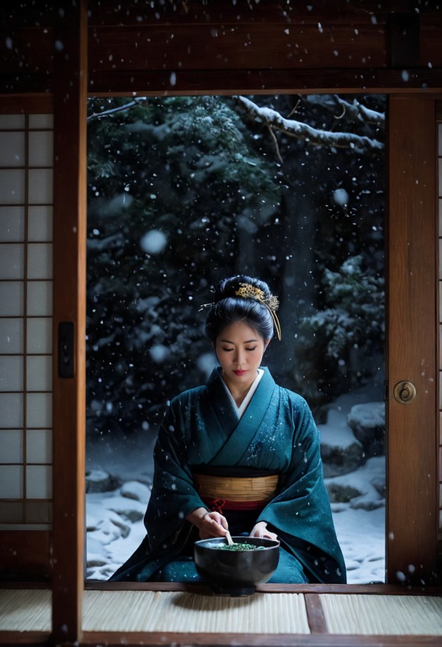 a wide cinematic shot inside a hidden,ancient japanese tea house tucked away in a snowy cedar forest. on one side,a s…