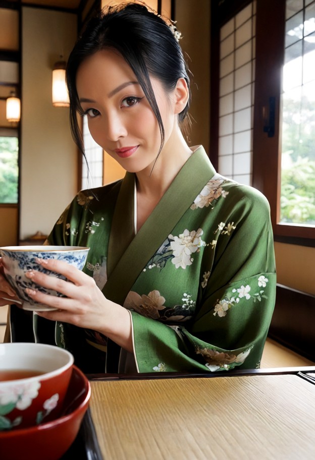 1girl kneeling,dark green silk kimono,floral embassy,tatami mat,japanese tea house,porcelain teacup,paper window,smal…