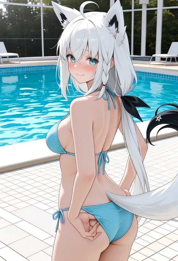 1girl,solo,standing,back to camera,looking back at camera,embarrassed expression,blushing,adjusting bikini,light blue…