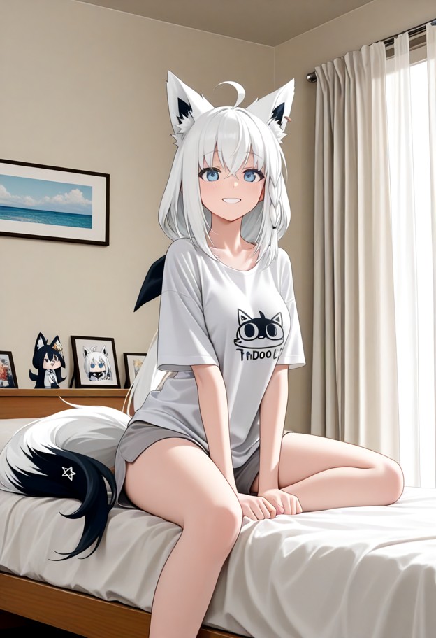 fubuki sitting on the edge of the bed and smiling,white oversized t-shirt,light grey jersey shorts,cozy sunlit bedroo…