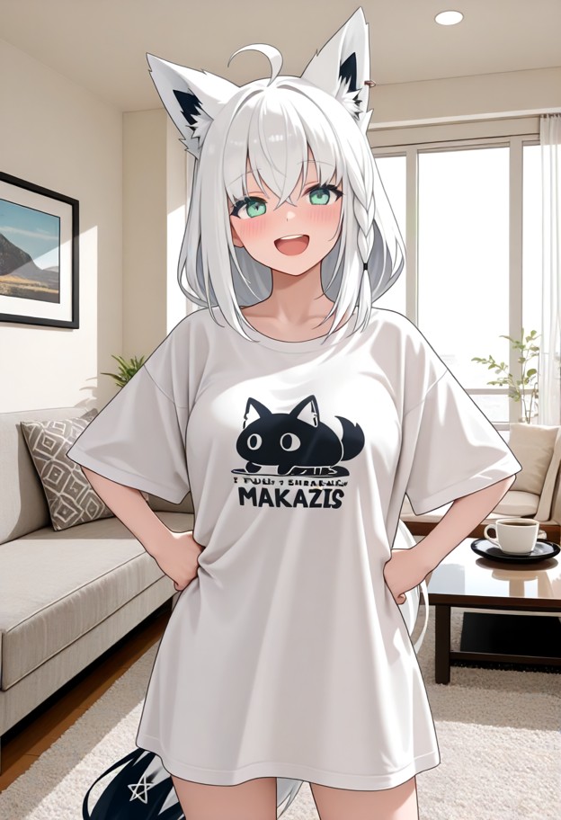 1girl,solo,hands on hips,smile,open mouth,blushing,white oversized t-shirt,full-body view,head-to-toe composition,cen…
