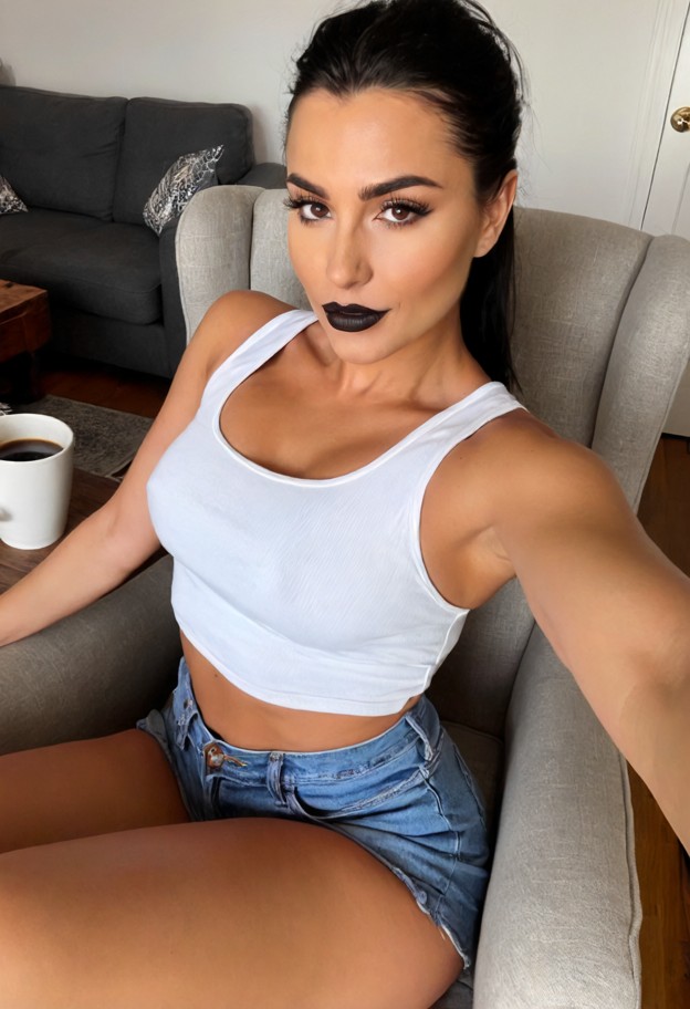she is sitting in an armchair tracing the rim of a coffee mug,white cotton tank top,denim shorts,living room,worn fab…