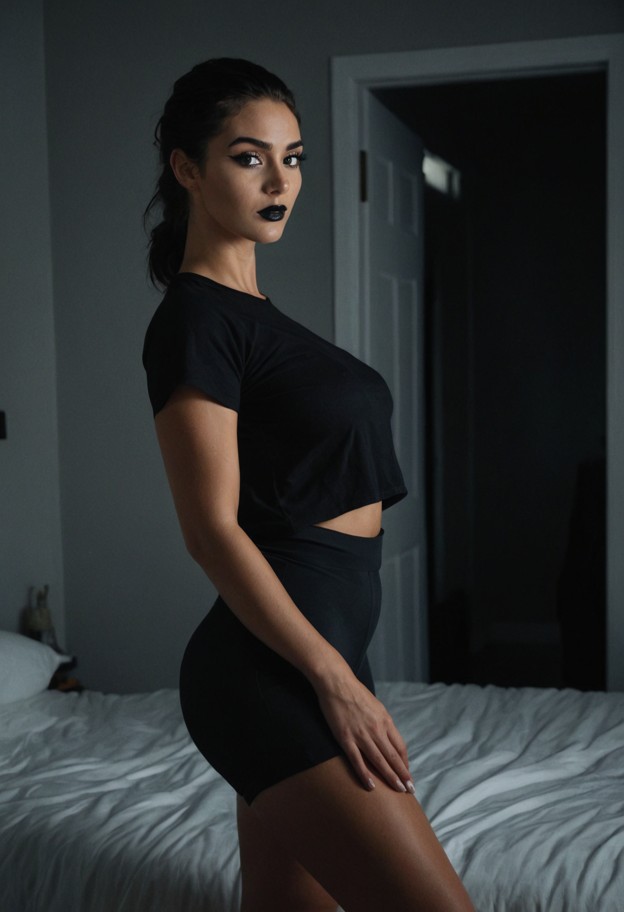 she is standing in doorway looking at viewer,black oversized t-shirt,black yoga shorts,dark bedroom,unmade bed,white …