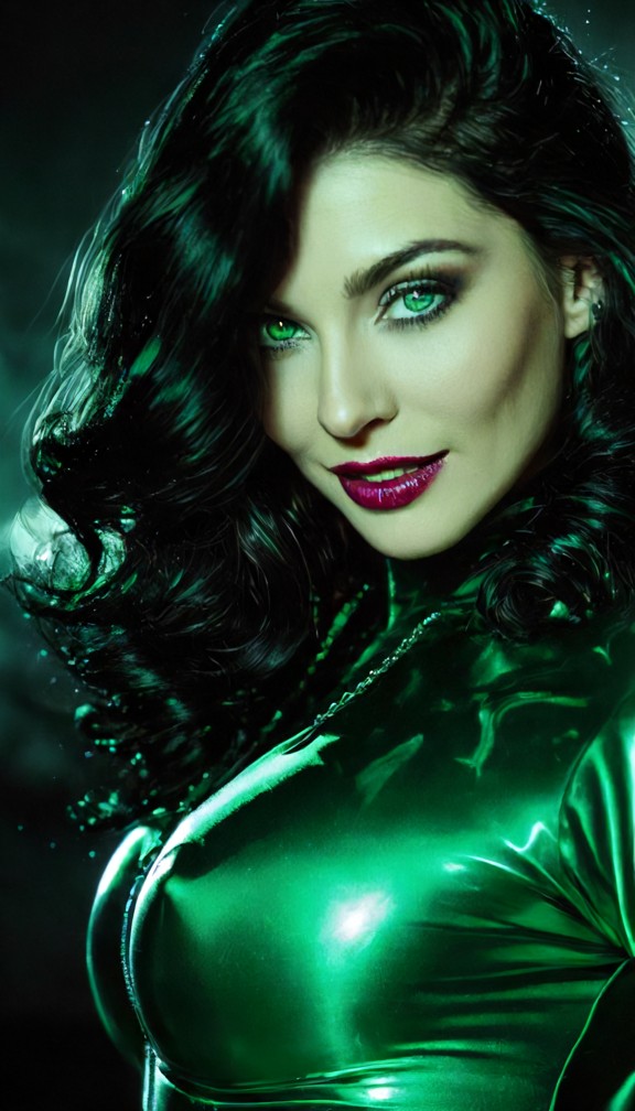 close-up portrait of a glamorous female supervillain,sharp green eyes,perfect dark lips curled in a confident smirk,s…