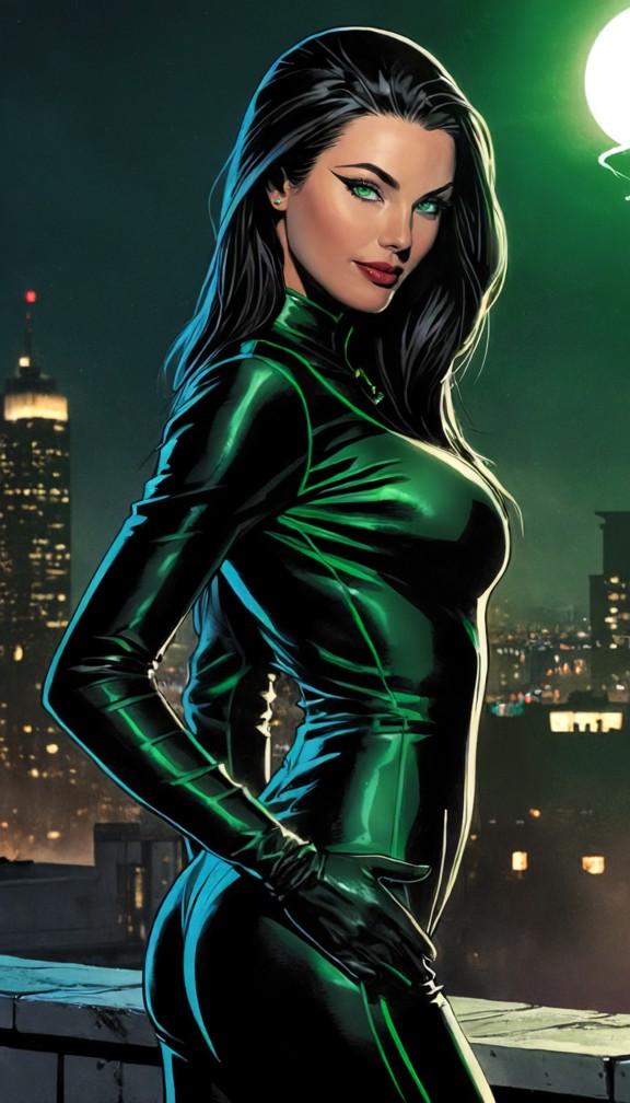 glamorous female supervillain standing on a rooftop above a glowing city,sleek emerald green and black catsuit with s…