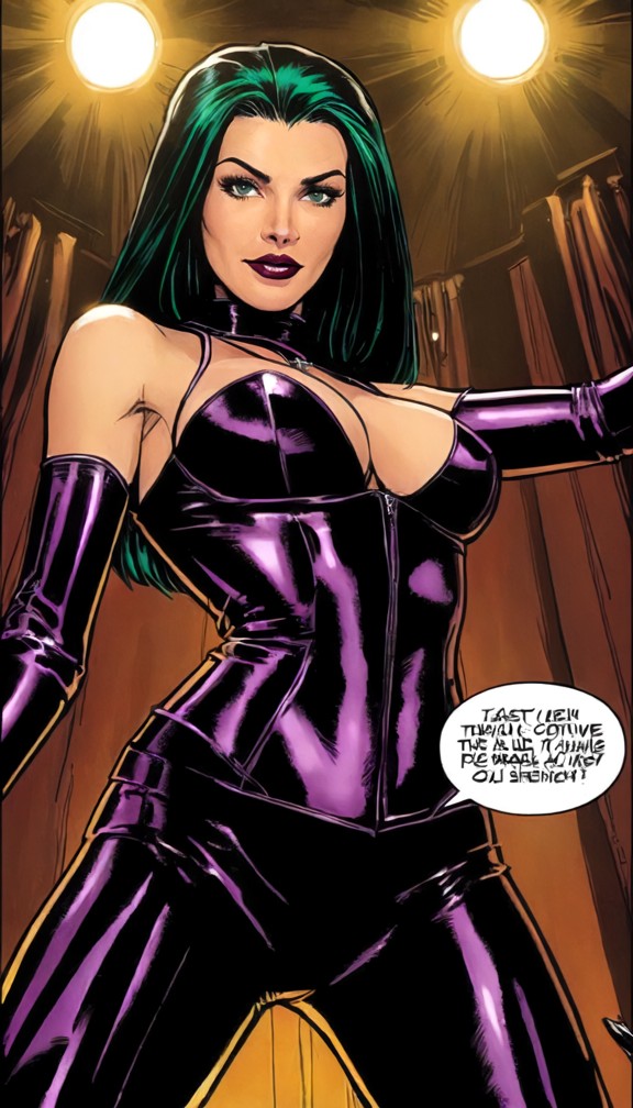 female supervillain addressing a room of henchmen from a raised platform,arms spread,dramatic spotlight,purple and go…