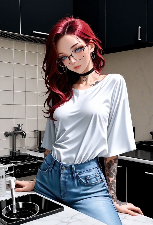 cleo stands frozen in the kitchen with a fearful expression,white cotton shirt,faded blue denim jeans,bare,quiet kitc…