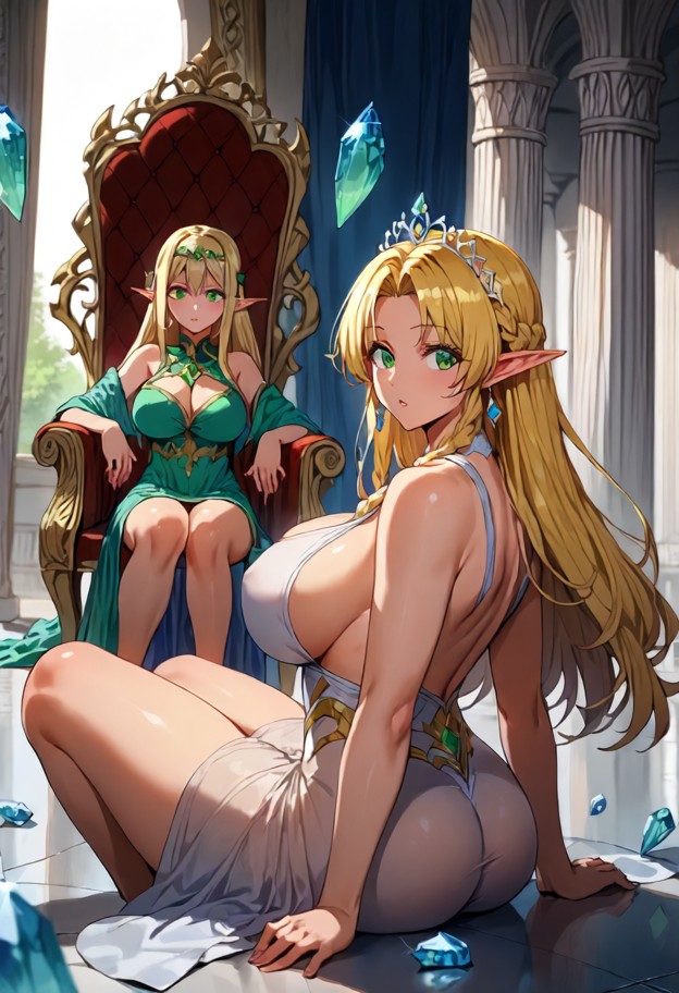 1girl dancing naked,frontal view,bare breasts,parted lips,hardened nipples,elven throne room,polished stone floor,blu…