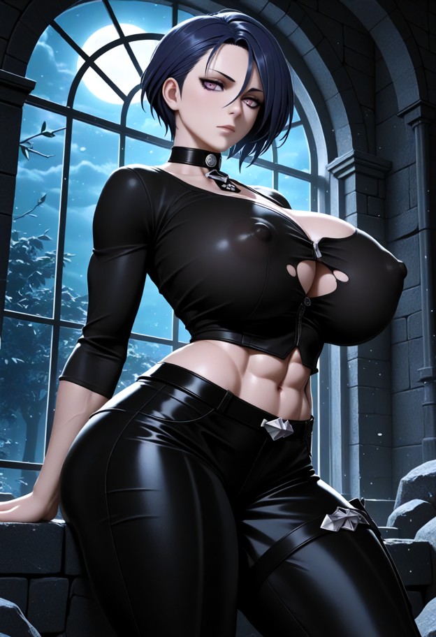 shamir nevrand is smoothing her stomach and looking at the viewer,boobs,torn black shirt,ripped black trousers,crumbl…