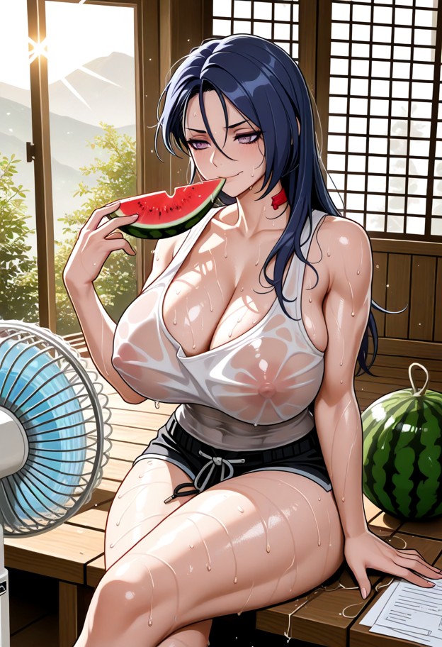1girl,solo,anime style,extremely hot japanese countryside summer,sitting on a wooden engawa of a traditional japanese…