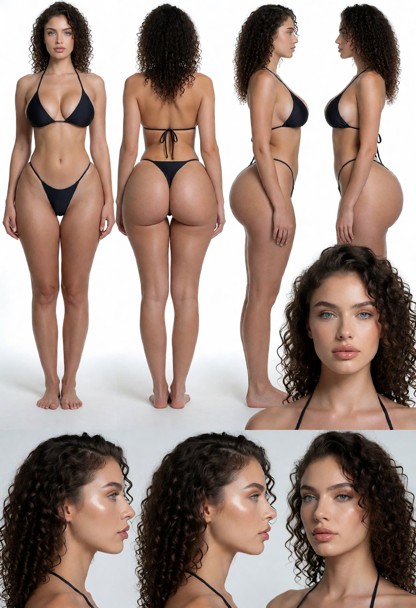 Skin must be clean and flawless: no tattoos, no scars, no marks, no blemishes. Wearing a minimal bikini black, perfec…