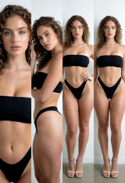 This image is a four-panel horizontal composite featuring modeling digitals (digis/polaroids) of a young woman set ag…