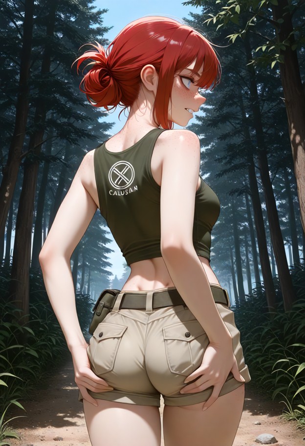 1girl,solo,standing,petite,long red hair,dynamic pose,khaki shorts,green scout shirt,hiking boots,spreading buttocks,…